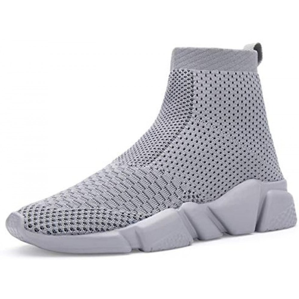 Men's Running Shoes Breathable Knit Slip On Sneakers Lightweight Athletic Casual Sports Shoes High Top All Grey