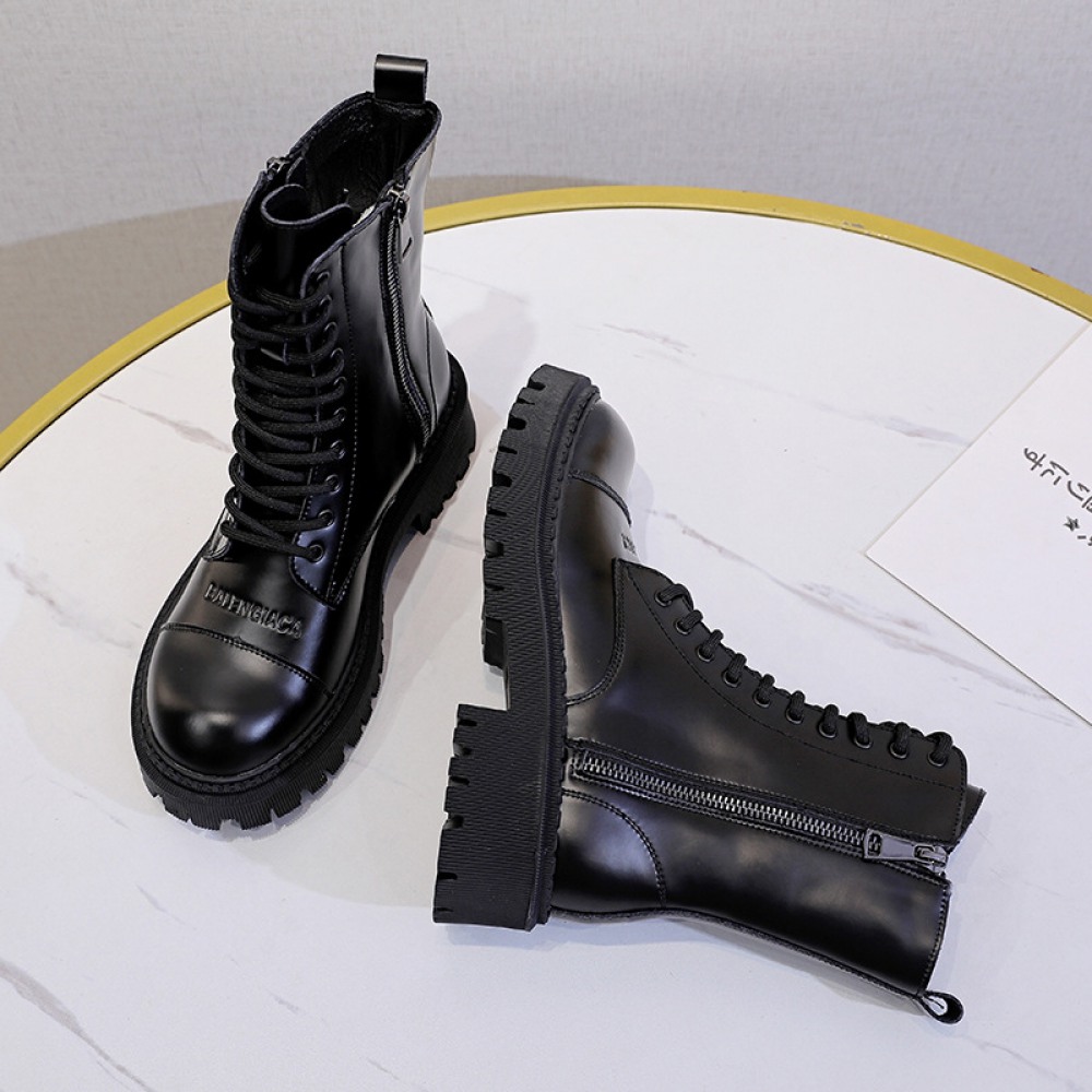 Martin Boots Women's Autumn New Thick-Soled Leather Boots Round Toe Thin Boots Mid-Tube